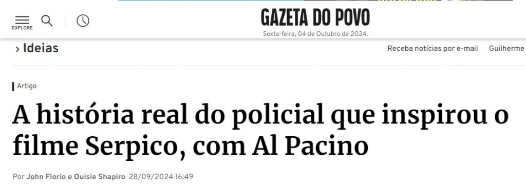 Gazeta do Povo – A história real do policial que inspirou o filme Serpico, com Al Pacino